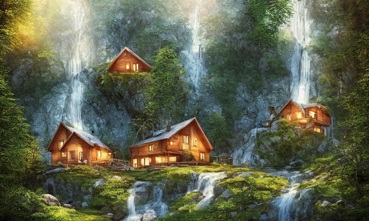 Prompt: scandinavian house in the forest on a hill, a waterfall flows down from the mountain in the background, vector art, fabulous, global illumination, warm lighting, by jordan grimmer