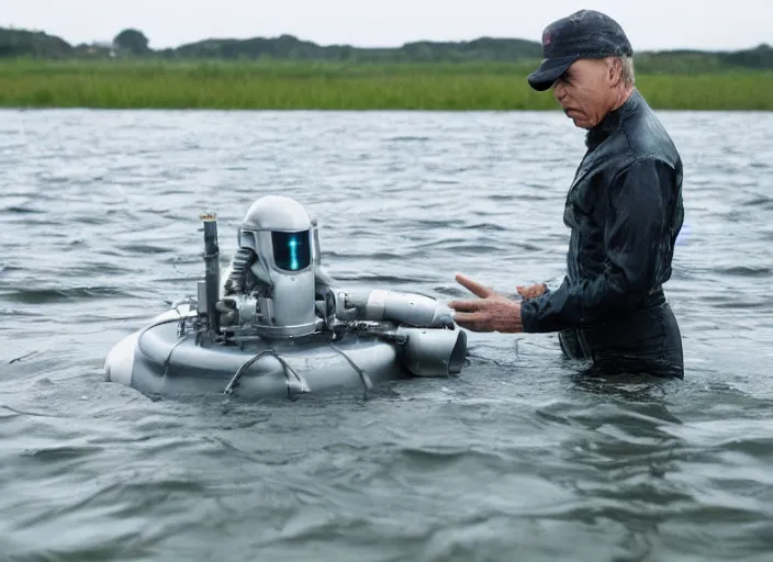 Prompt: film still of Clint Howard in water with robot as Cooper in Interstellar, 4k