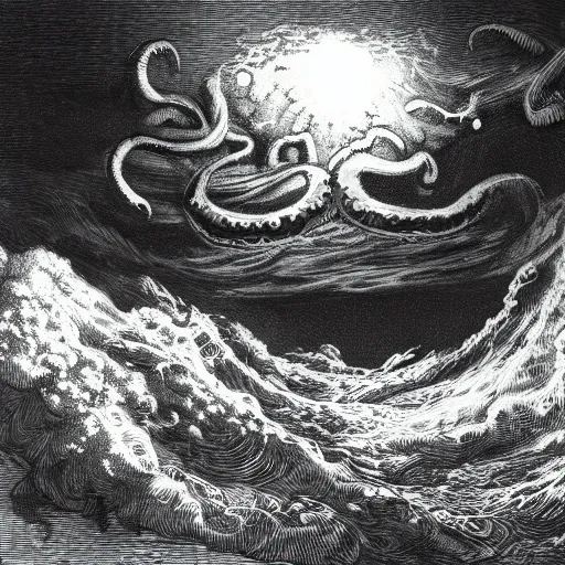 Prompt: a traditional portrait of cthulhu, small town in the background, night, soaring waves, clouds, illustration by Gustave Doré