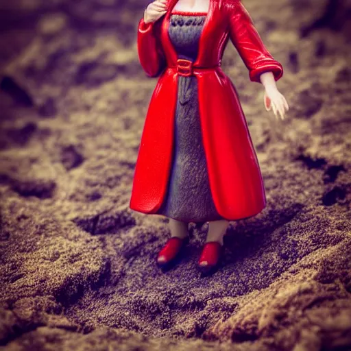 Image similar to 80mm resin model figure female gnome wearing long red coat ,fantasy, D&D, HDR, , natural light, medium close shot, dynamic pose, award winning photograph, Mucha style