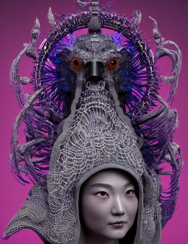 Image similar to 3 d goddess close - up profile portrait of cultist monk in hooded robe with ram skull. beautiful intricately detailed japanese crow kitsune mask and clasical japanese kimono. betta fish, jellyfish phoenix, bio luminescent, plasma, ice, water, wind, creature, artwork by tooth wu and wlop and beeple and greg rutkowski