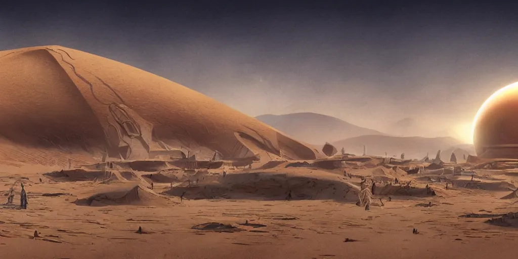 Image similar to dune city and temples of arrakis, arrakeen, arab ar architectural and brutalism and gigantism, from frank herbert novels, composition idea concept art for movies, style of denis villeneuve and greg fraiser