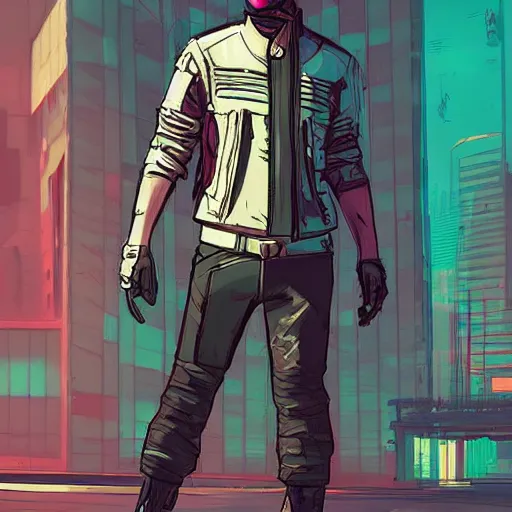 Prompt: javier. concept art of a perceptive cyberpunk artist in fashionable clothing. cyberpunk 2 0 7 7 character design by laurie greasley and sherree valentine daines. concept art of cyber city background by pascal blanche