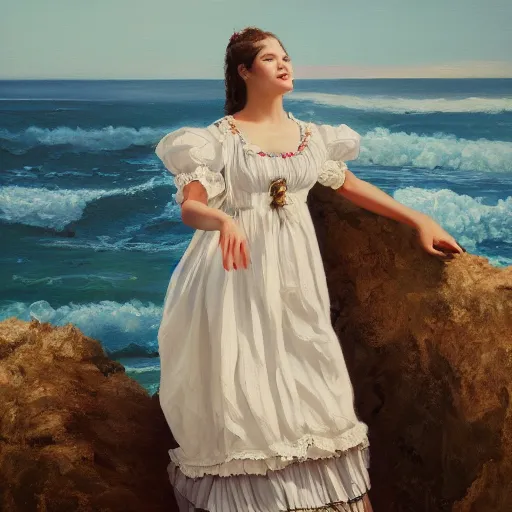 Image similar to a painting of a wonderful lady dressed with a large and decorate majestic roses cotton dress that is coming out from a ocean, dramatic light, octane--8k