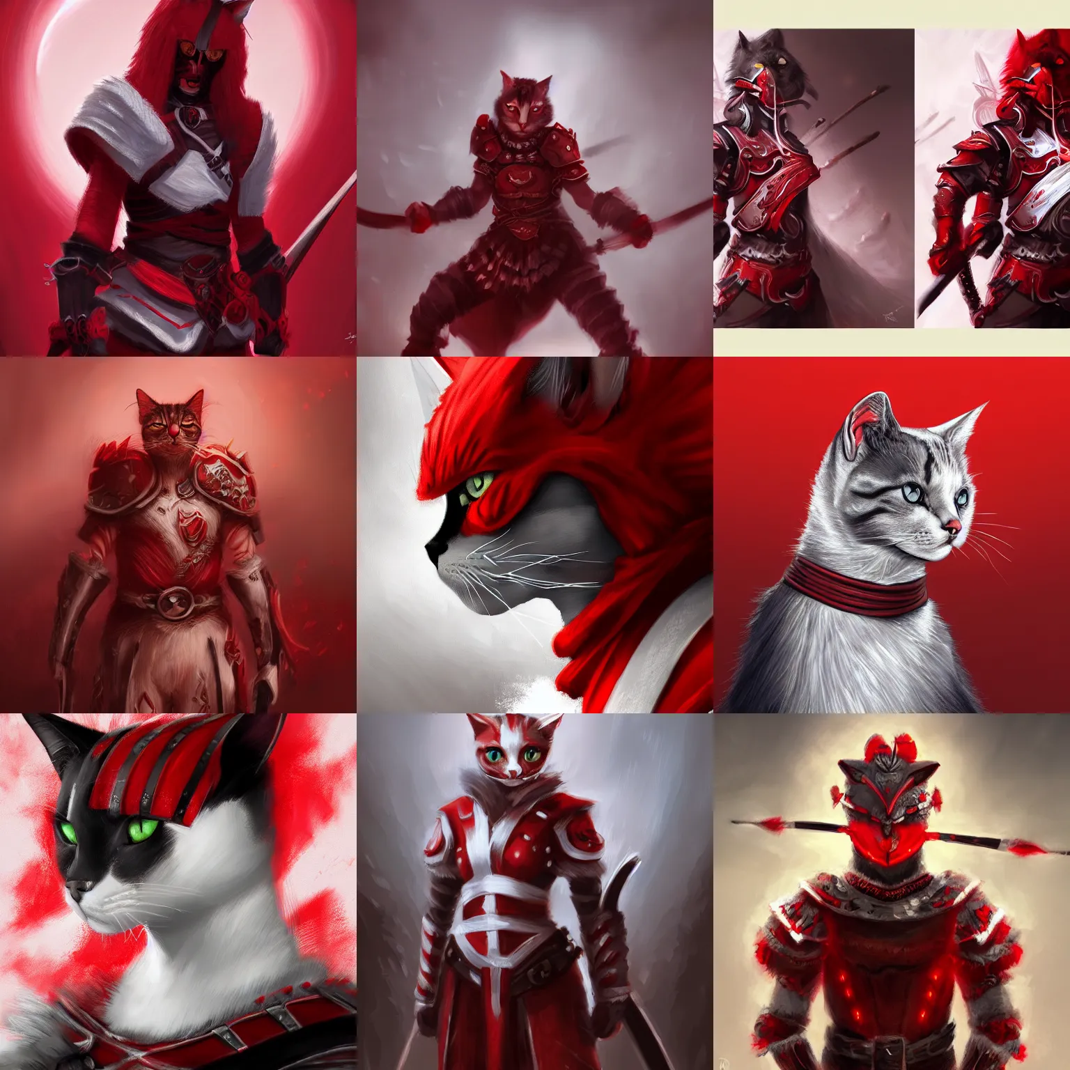 Prompt: portrait of a cat warrior in red and white clothing, black armor. bloom, dramatic lighting, shadows. dark fantasy, digital painting, hd, 4 k, detailed.