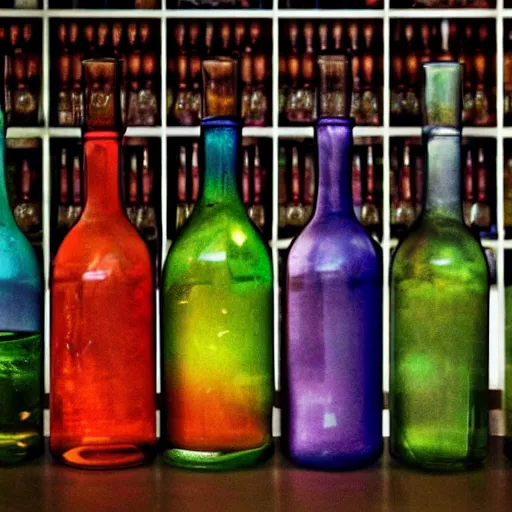 Prompt: On the shelf are bottles with multi-colored universes inside. Alchemist's desktop. fantasy