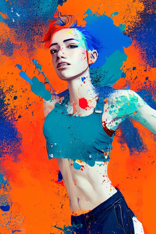 Image similar to a award winning half body portrait of a beautiful woman in a croptop and cargo pants with ombre orange blue teal hairstyle with head in motion and hair flying, paint splashes, splatter, outrun, vaporware, shaded flat illustration, digital art, trending on artstation, highly detailed, fine detail, intricate