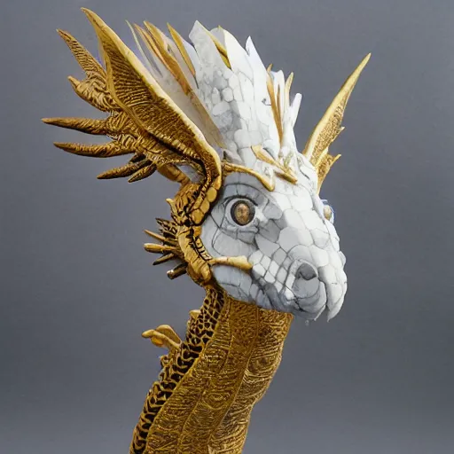 Image similar to feathered serpent, white marble with gold accents, by ellen jewett