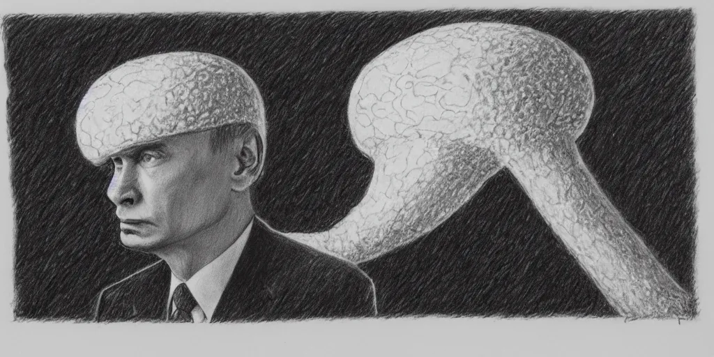 Image similar to vladimir putin wearing a nuclear mushroom cloud blast for a hat, cartoonish, ultra detailed pencil drawing