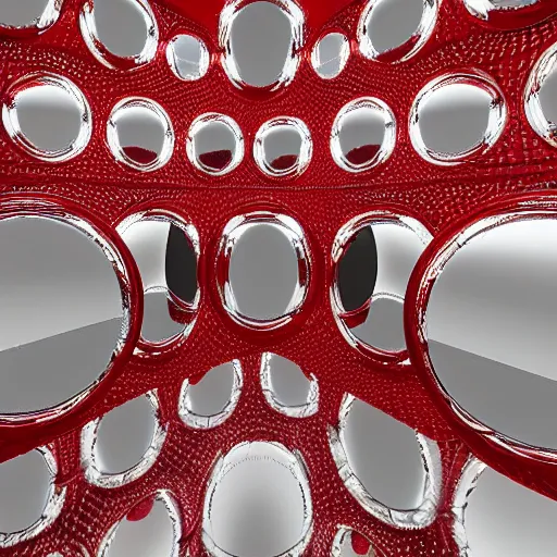 Prompt: chrome spheres on a red cube, room of mirrors