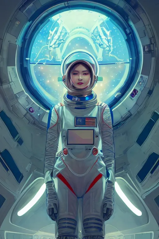 Prompt: portrait armored astronaut girl, inside spaceship command room viewing space and earth, ssci-fi, neon light effect and fantasy, intricate and very very beautiful and elegant, highly detailed, digital painting, artstation, concept art, smooth and sharp focus, illustration, art by tian zi and WLOP and alphonse mucha