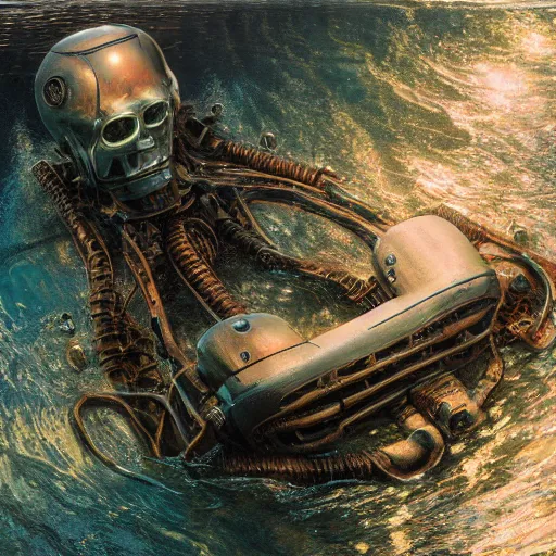 Image similar to a photograph of a robot endoskeleton submerged and rusted in the water, cinematic, volumetric lighting, f 8 aperture, cinematic eastman 5 3 8 4 film, photorealistic by greg rutkowski, by stanley artgerm, by alphonse mucha