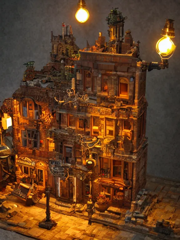 Image similar to mega detailed miniature voxel diorama steampunk workshop, victorian era, vintage architecture, clockwork technology, soft lights are on in the windows, dark night, fog, winter, blizzard, cozy and warm atmosphere, row of street lamps with demonic orange light, several ruins nearby, 1 8 5 0