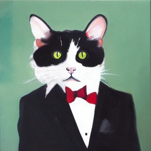 Prompt: oil painting of a cat wearing a tuxedo