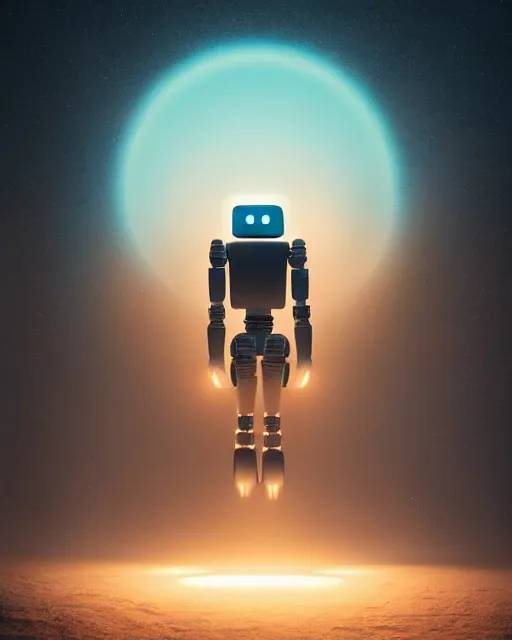 Image similar to a robot standing in front of a glowy open door that's on a barren moon, poster art by mike winkelmann, trending on cg society, space art, sci - fi, ue 5, futuristic, volumetric lighting, light casting onto the ground, neat composition and camera angle