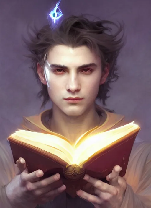 Prompt: character concept portrait of an attractive young Spanish wizard conjuring a violent void spell, a floating iridescent spell book in the center, intricate, elegant, digital painting, concept art, smooth, sharp focus, illustration, from Metal Gear, by Ruan Jia and Mandy Jurgens and William-Adolphe Bouguereau, Artgerm