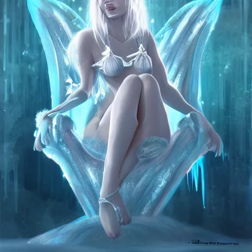 Image similar to an ice princess sitting on her ice throne in her ice castle wearing a bikini, ice, frost, white beautiful hair, cold colours, digital art, illustration, concept art by jason chan