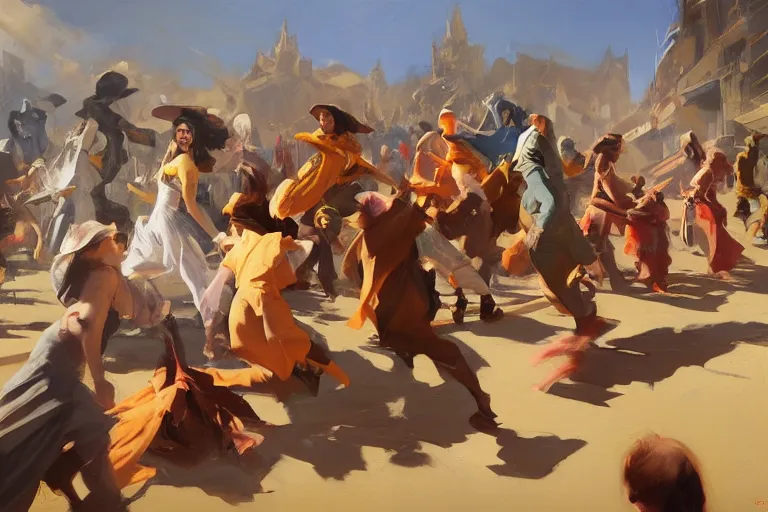 Prompt: greg manchess painting of people dressed in rags tripping over each other in an arena, profile picture, organic painting, sunny day, matte painting, bold shapes, hard edges, street art, trending on artstation, by huang guangjian, gil elvgren, ruan jia, randy vargas, greg rutkowski