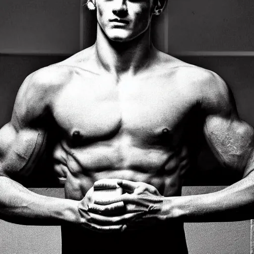 Image similar to a realistic detailed photo of a guy who is an attractive humanoid who is half robot and half humanoid, who is a male android, soccer player antoine griezmann, shiny skin, posing like a statue, blank stare, in a living room, on display, showing off his muscles
