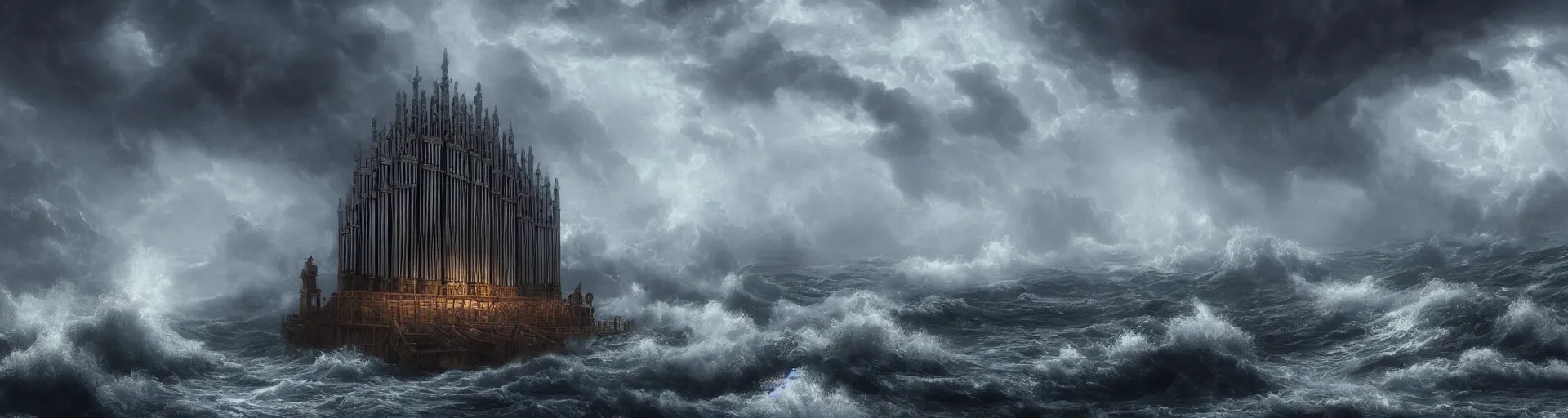 Image similar to A highly detailed matte painting of a huge pipe organ in a stormy sea in a storm, fog, rain, volumetric lighting, unreal engine 5 hd render, 8K resolution, trending on artstation