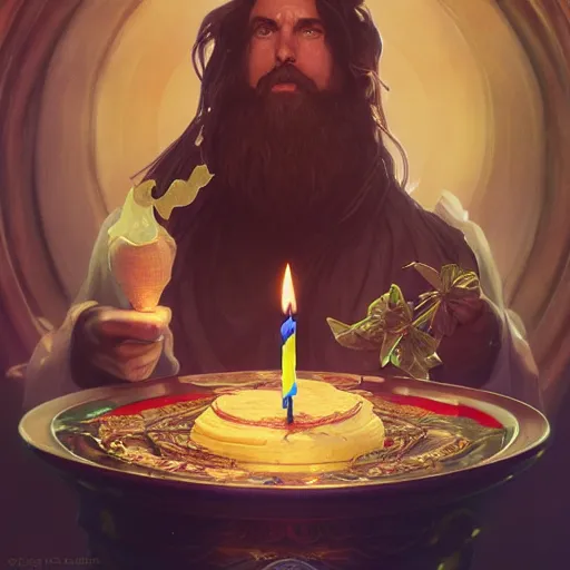 Image similar to a wizard blowing out birthday candles with magic, art by artgerm and greg rutkowski and alphonse mucha, concept art, octane render, unreal engine 5, highly detailed, high quality, 8 k, soft lighting, realistic face, path traced