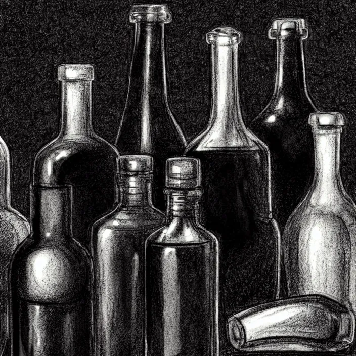 Image similar to extreme close - up on a table : poor quality bottles of different shapes and tones, fruits. background : black tiles on walls. black and white, pencil and ink. by gabriel hardman, joe alves, chris bonura. cinematic atmosphere, detailed and intricate, perfect anatomy