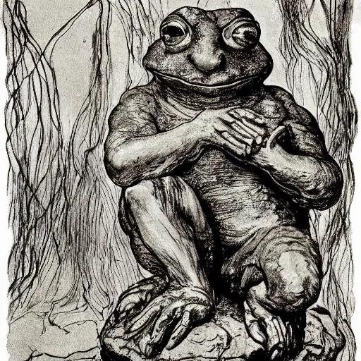 Prompt: toad philosopher toad in a pose The Thinker, swamp, by Auguste Rodin, by Irving Penn, illustrations by irish fairy tales james stephens arthur rackham, fairy tale illustrations, illustrations by Stephen Reid