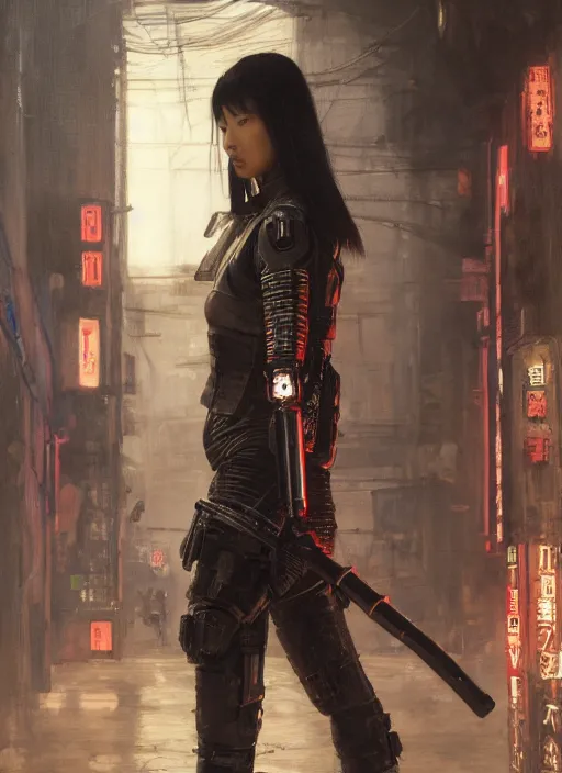 Image similar to Maria Tanaka. female Cyberpunk samurai wearing military vest walking through nightclub (blade runner 2049, cyberpunk 2077). Orientalist portrait by john william waterhouse and James Gurney and Theodore Ralli and Nasreddine Dinet, oil on canvas. Cinematic, hyper realism, realistic proportions, dramatic lighting, high detail 4k