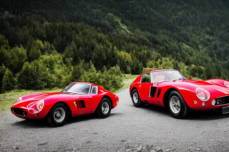 Image similar to car photography of Ferrari 250 GTO series 2 in the Swiss Alps by Emmanuel Lubezki