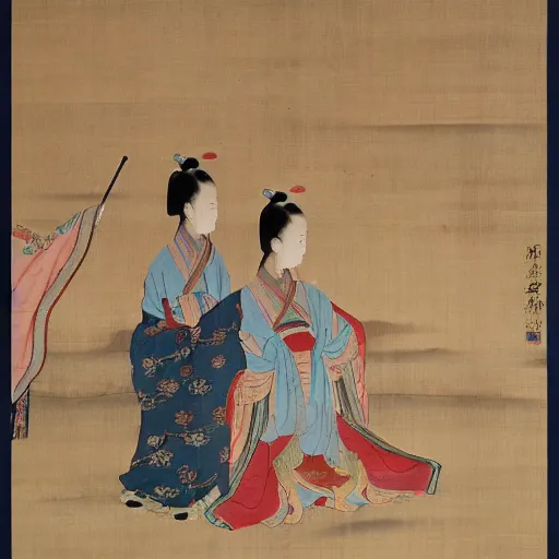 Prompt: the Chinese ancient painting of the imperial concubine ,by emperor Huizong of Song