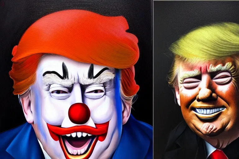 Prompt: oil portrait of president donald trump as a historic clown. smiling widely, holding a balloon. historic portrait. oil painting, highly detailed, centered, artstation, concept art, smooth, sharp focus, illustration, artgerm, vermeer, hans holbein, titian, salvador dali, hieronymus bosch, frans hals, rembrandt