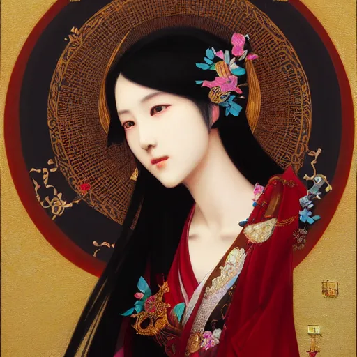 Prompt: a beautiful portrait of hatsune miku with long black and deep red colored hair dressed as a 1 st century chinese noblewoman, intricate, elegant, highly detailed, digital painting, artstation, concept art, matte, sharp focus, illustration, art by greg rutkowski and alphonse mucha