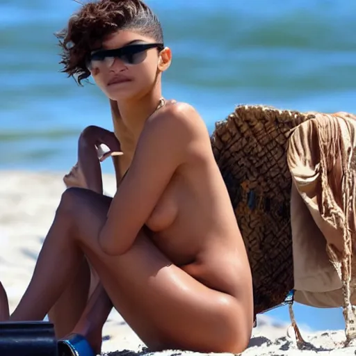 Image similar to Zendaya covering herself in oil at the beach