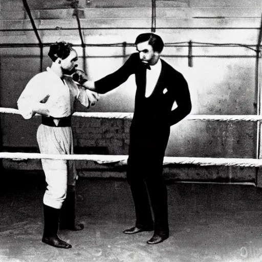 Prompt: Karl Marx and Ayn Rand boxing, photo, 1920, boxing ring background