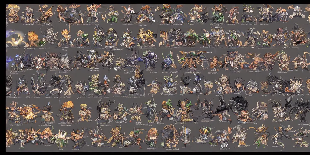 Prompt: full page scan asset sheet of toho characters sprites on black background, matte painting