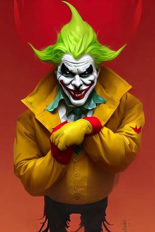 Image similar to a very fat sinister looking joker dressed in yellow and red rubber latex Ronald Macdonalds costume, fantasy, intricate and very very beautiful and elegant, highly detailed, digital painting, artstation, concept art, smooth and sharp focus, illustration, art by tian zi and WLOP and alphonse mucha