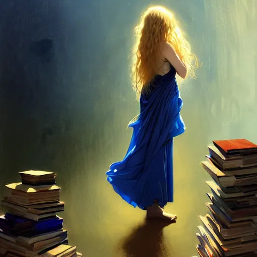 Image similar to A girl in a blue dress standing over a pile of books with golden locks down her back and a black cat at her feet, face, fantasy, intricate, elegant, highly detailed, digital painting, artstation, concept art, smooth, sharp focus, illustration, art by Krenz Cushart and Artem Demura and alphonse mucha