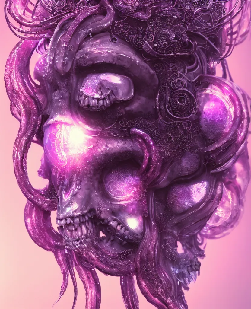 Image similar to goddess princess face close-up portrait ram skull. jellyfish phoenix head, nautilus, orchid, skull, betta fish, bioluminiscent creatures, intricate artwork by Tooth Wu and wlop and beeple. octane render, trending on artstation, greg rutkowski very coherent symmetrical artwork. cinematic, hyper realism, high detail, octane render, 8k