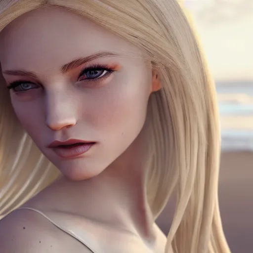 Prompt: woman with long blonde hair wearing white clothing siting on a beach, beautiful, 8k, highly detailed, realistic, octane render, cgi, artgerm, digital artwork, professional art, sakimichan, rutkowski, trending on artstation, perfect face, portrait,