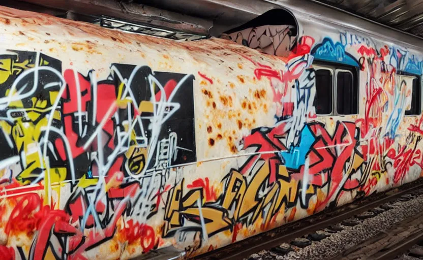 Prompt: pizza, as graffiti on a train