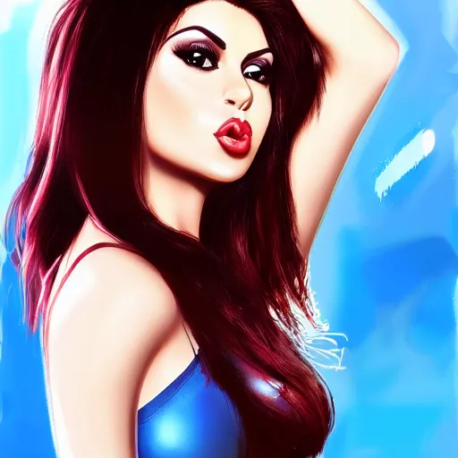 Prompt: portait of haifa wehbe, concept art, perfect lips, lollipop mouth, long hair centred, hd, very detailed curve, digital painting, unreal engine, amazing blue background theme