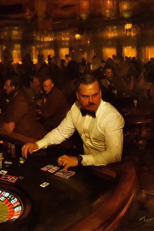 Image similar to portrait of professional gambling bear in the club by anders zorn, wonderful masterpiece by greg rutkowski, beautiful cinematic light, by greg manchess, jessica rossier