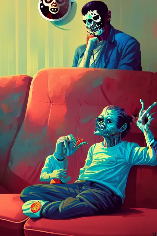 Image similar to a zombie dad sitting on the couch and watching tv, tristan eaton, victo ngai, artgerm, rhads, ross draws