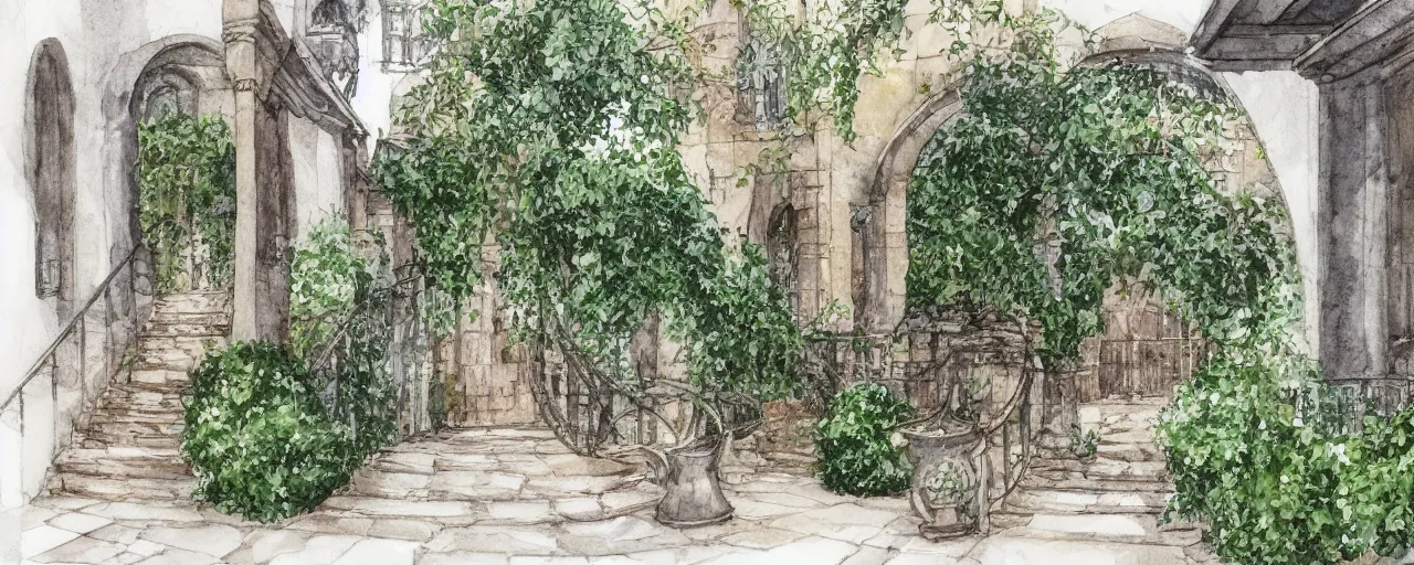 Image similar to courtyard walkway, castle, stairway, chairs, wrought iron, gate, tree, delicate, botanic garden, garden road, botanical herbarium paper, watercolor colored painting, iridescent colors, 8 k, realistic shaded, fine details, artstation, italian style, colonnade, huge flower