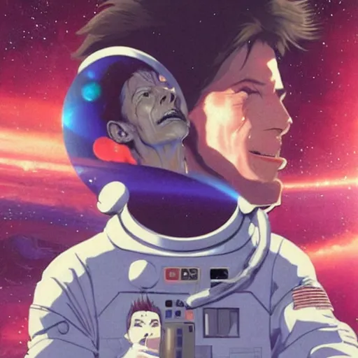 Prompt: close up portrait of david bowie and astronaut major tom, sit on the dark side of the moon, listen to pink floyd on an old cassette recorder and smoke a ganja joint, enjoying the contemplation of deep space with millions of galaxies : baroque oil painting anime, by greg rutkowski makoto shinkai takashi takeuchi studio ghibli