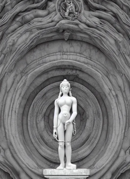 Prompt: wide - angle shot of marble statue of shiva, depth of field, zeiss lens, detailed, symmetrical, centered, fashion photoshoot, by nicoletta ceccoli, mark ryden, lostfish, earl nore, hyung tae, frank frazetta, breathtaking, 8 k resolution, extremely detailed, beautiful, establishing shot, artistic, hyperrealistic, octane render