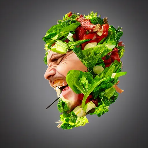 Image similar to a human with salad as their head, laughing, digital art