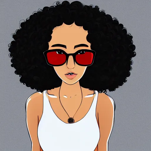 Prompt: a very beautiful, sexy girl with dark complexion, long, curly, afro hair, round face, stylistic oval black eyes, half - frame square glasses, grey hoodie opened, white tank top, white gloves, jeans, character art, digital art, cel shaded