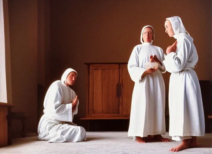 Image similar to realistic photo of a two medieval female monks scientists wearing white cotton robes, doing an experiment with a cloud, living room interior is made of wood 1 9 9 0, life magazine reportage photo, natural colors