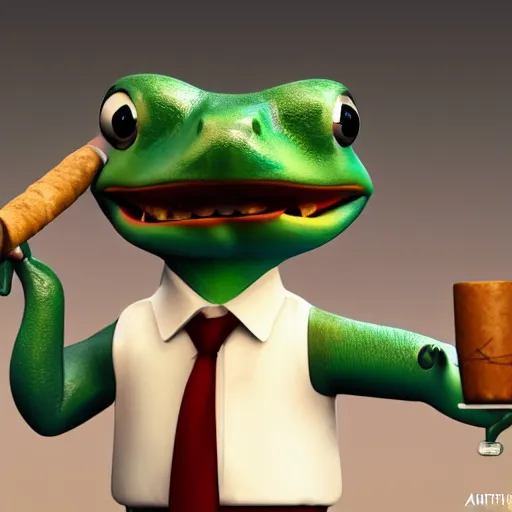 Image similar to a high quality photo of an antropomorphic frog wearing a suit smoking a cigar cigar cigar cigar, 3d scene, render, ultra realistic, artstation, cgsociety